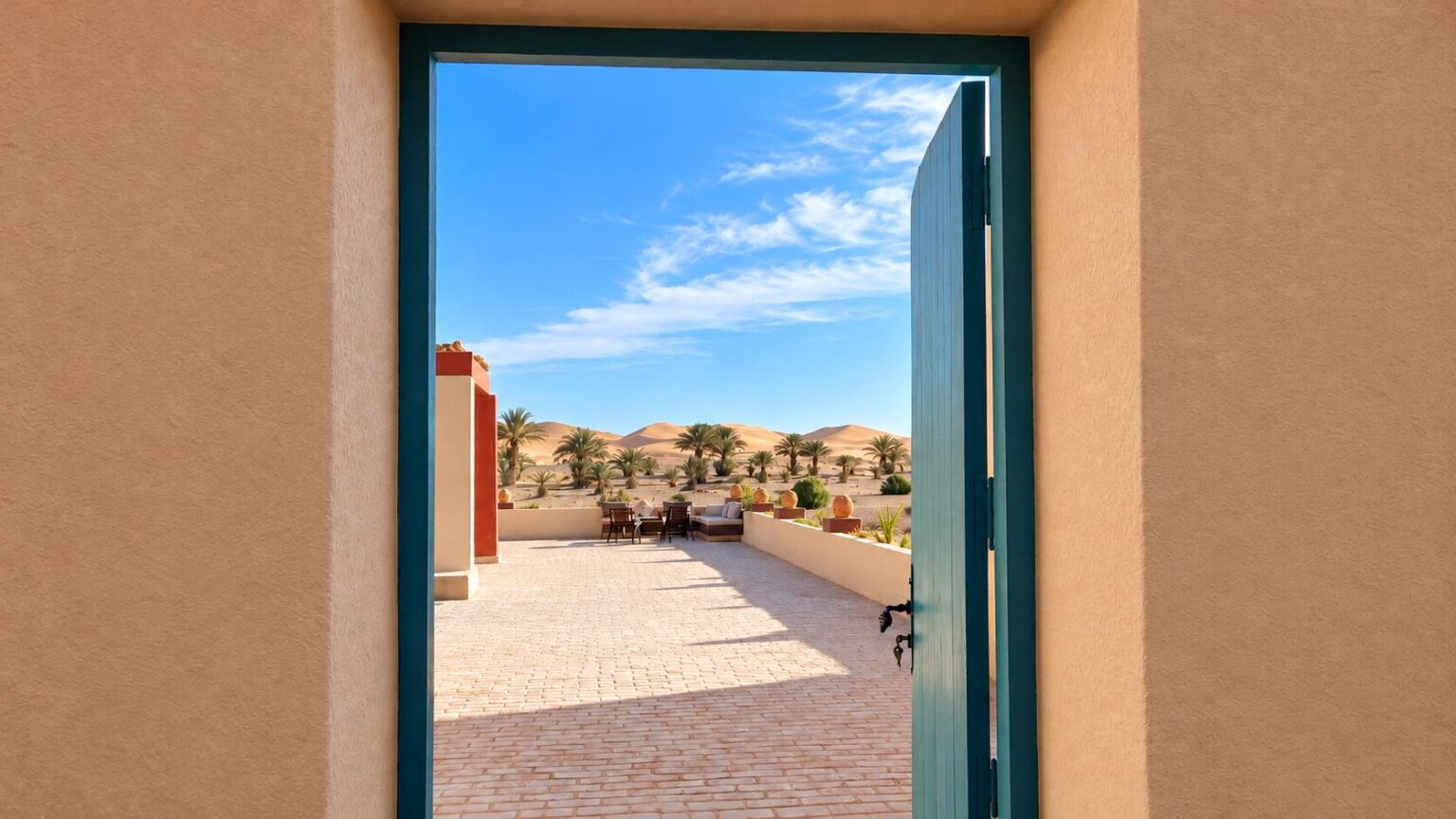 Turquoise door and adobe walls at Dar el Janoub hotel, Merzouga, Morocco