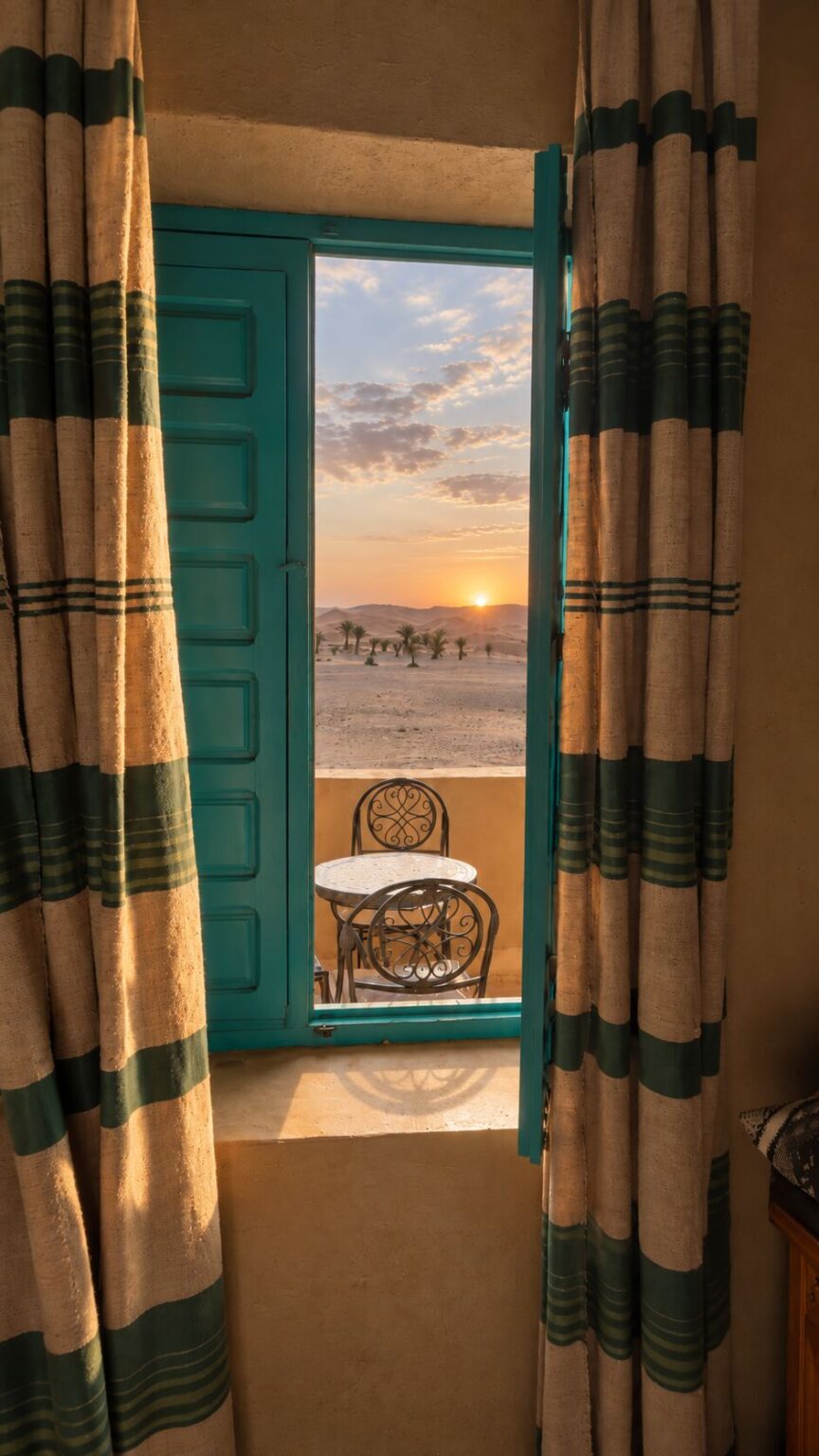Window with Moroccan details in a guest room at Dar el Janoub, Merzouga